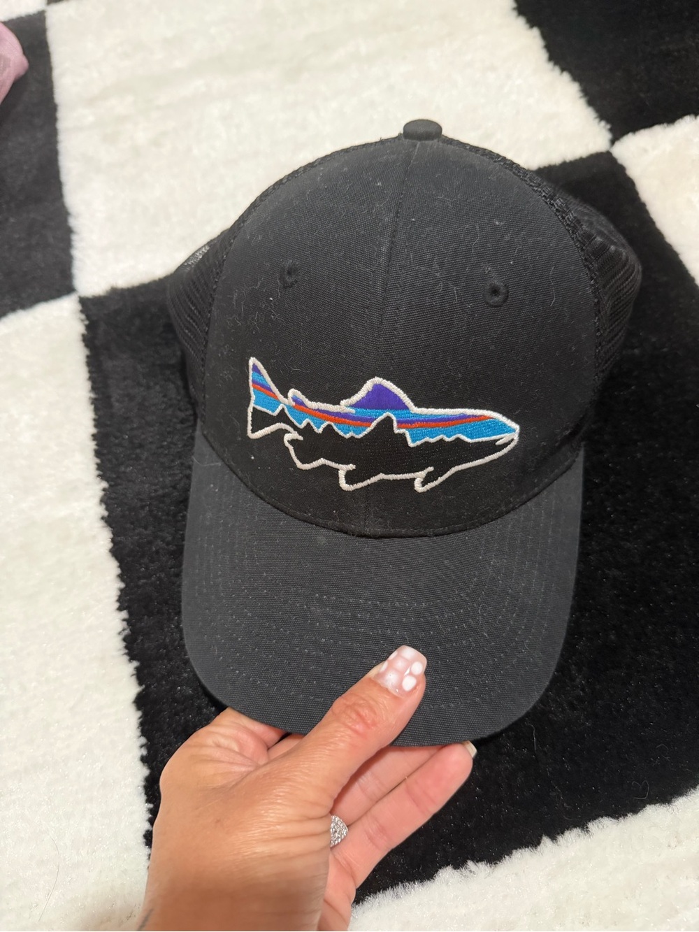 Patagonia Black Trucker Hat with Blue & Purple Fish Patch
